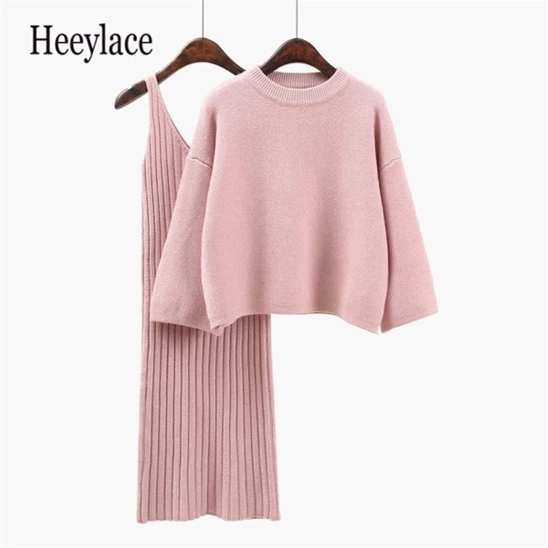 2019 осенний женский свитер + платье на бретельках Одноцветный Женский
