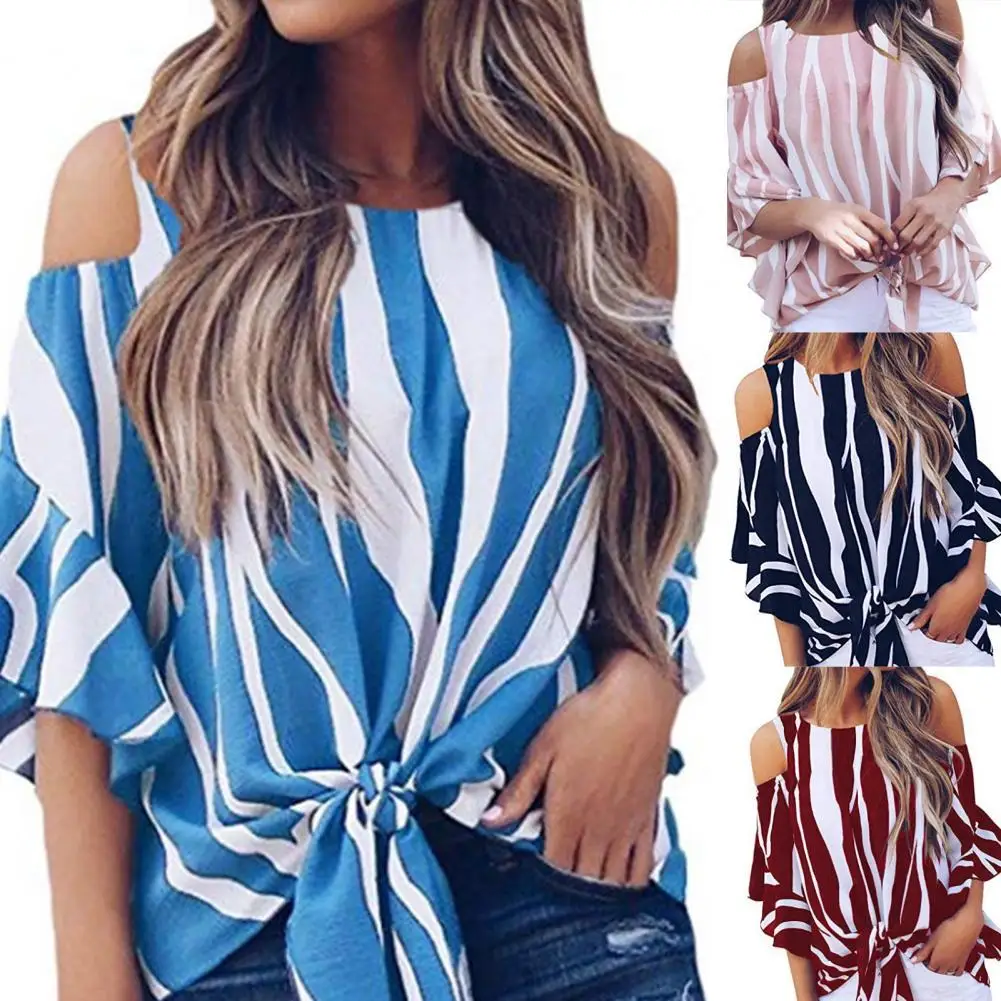 

Women Chiffon Blouses Off Shoulder Ruffles Half Sleeve Sexy Round Neck Bowknot Striped Shirt Tops for Daily Wear