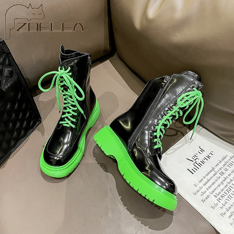 

Fluorescent Green Leather Martin Boots Female Short Tube 2021 British Style Platform Lace-Up Boots Boats Bascke Chaussures Femme