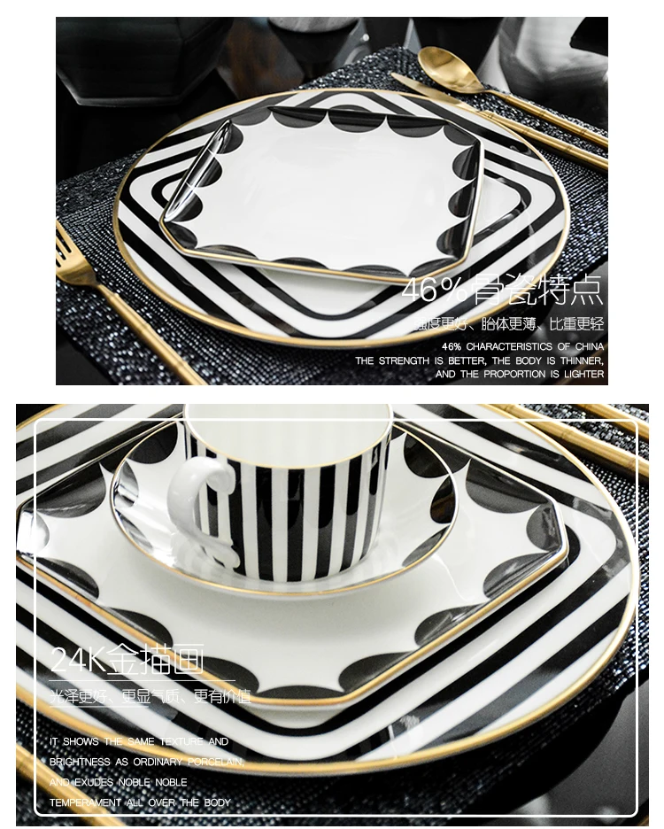 

Black Geometric Stripes Dessert Dishes Ceramic Gold Inlay Porcelain Dinner Plate Household Service Tableware Wedding Plates