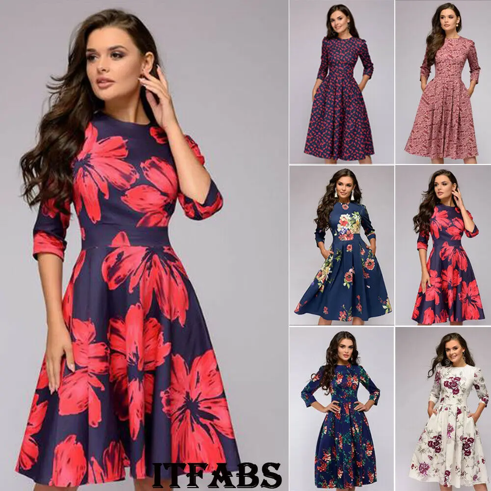 

Женское платье с длинным рукавом, винтажное Плиссированное облегающее платье в стиле ретро с цветочным принтом, офисное платье для вечерни...