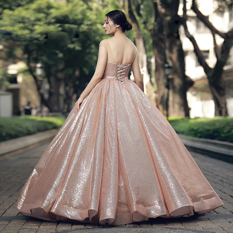 RSM66565 блестящее Пышное вечернее платье в пол с блестками круглым вырезом