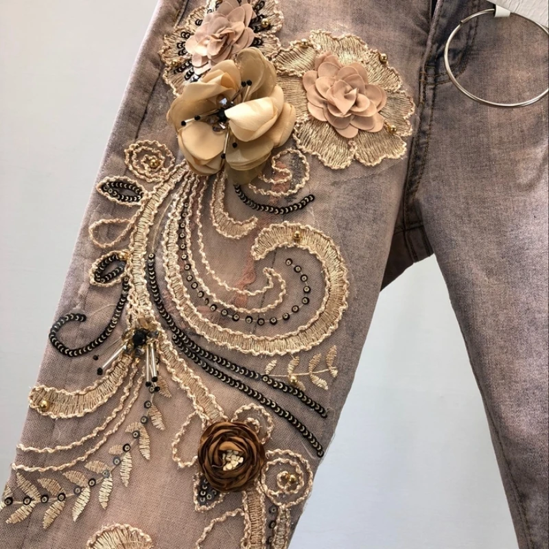 Женские штаны в стиле пэчворк с 3D цветами и блестками-карандаш стрейч из денима