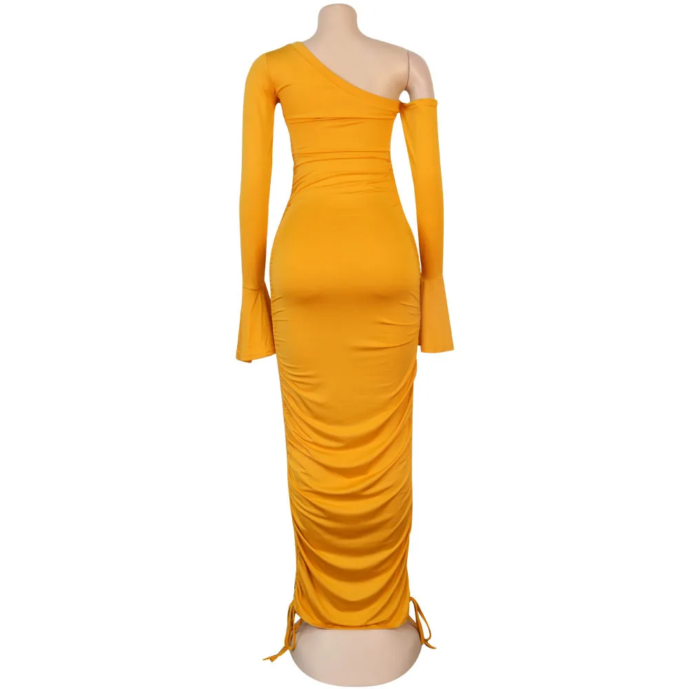 

Ruched Drawstring fall Long Party Dress Women Sexy One Shoulder Long Flare Sleeve Bandage Dress Elegant Backless Mermaid Dress