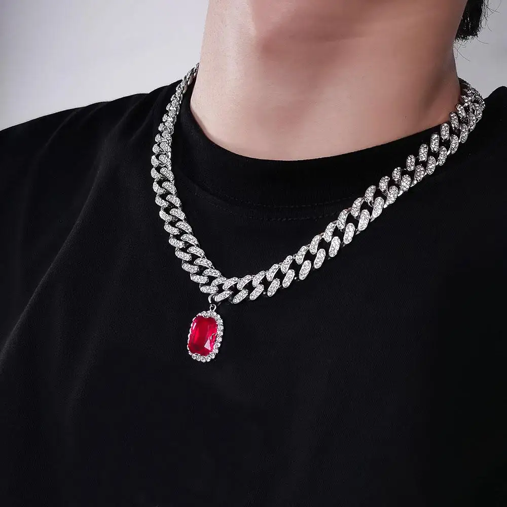 

Men Women Hip Hop Iced Out Bling gem Pendant Necklace with 13mm Miami Cuban Chain HipHop Necklaces Fashion Charm Jewelry