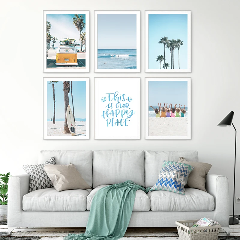 

Seaside Vehicle Beach Palm Tree Surf Wall Art Print Canvas Painting Nordic Landscape Poster Pictures for Living Room Home Decor