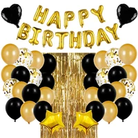 black and gold birthday party decorations set with happy birthday balloons banner confetti balloonsfoil fringe curtain