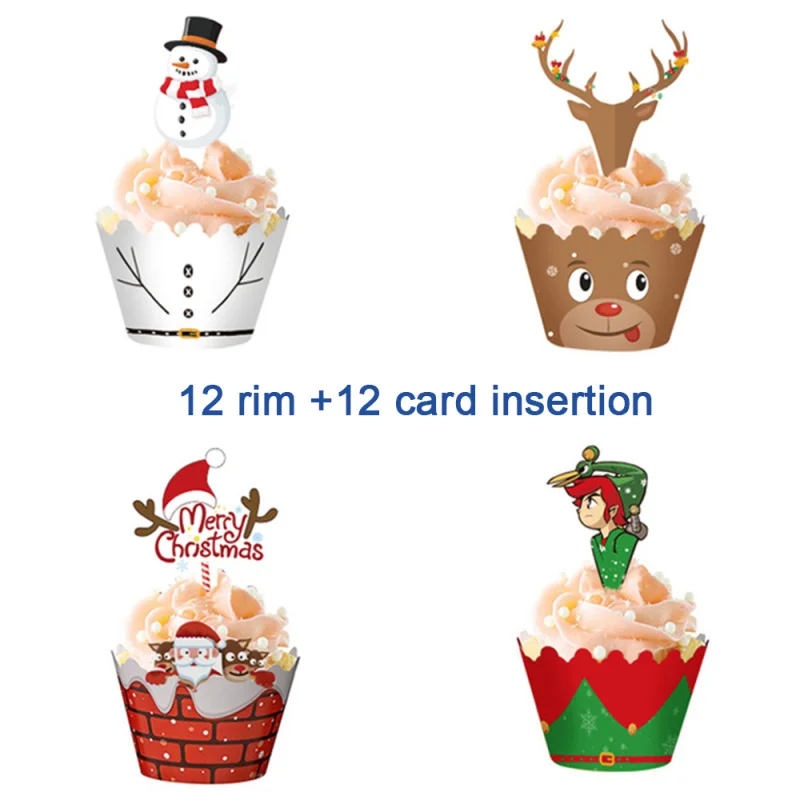 

24pcs Christmas Paper Cupcake Wrapper Christmas New Year Birthday Party Cake Decorations Tools Snowman Santa Claus Cake Topper