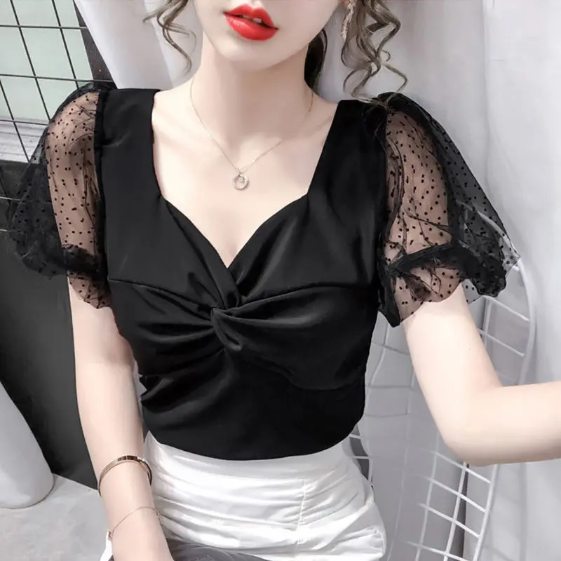 

Square Neck Mesh Puff Sleeve Short Sleeve T-shirt Women's Summer New Slim Top T Shirt for Women