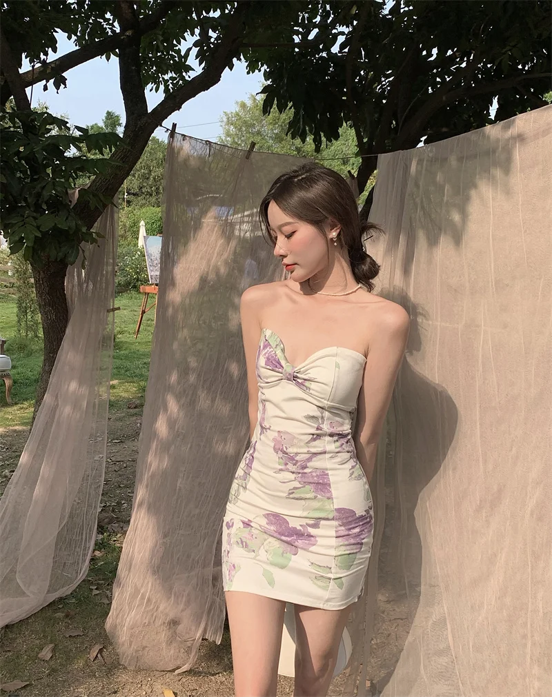 

New Summer Bowknot Retro Print Skinny Sexy Wrapped Chest Pack Hip Dress