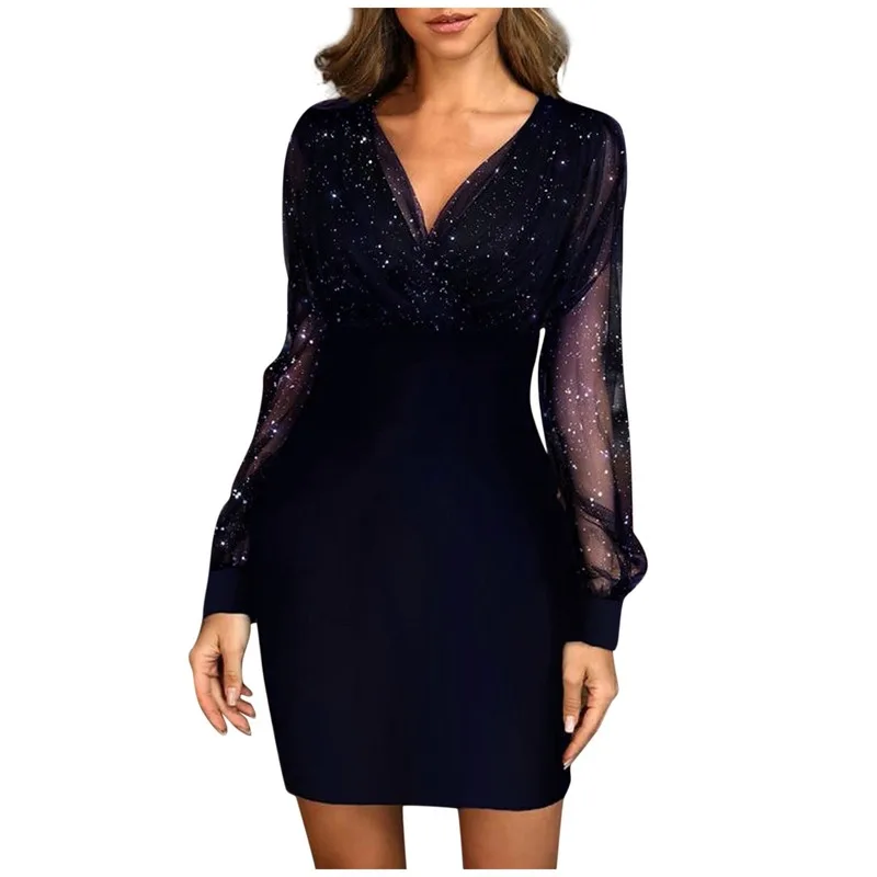 

AliExpress Amazon 2020 European and American new female mesh V-neck sequined dress Slim sexy dress