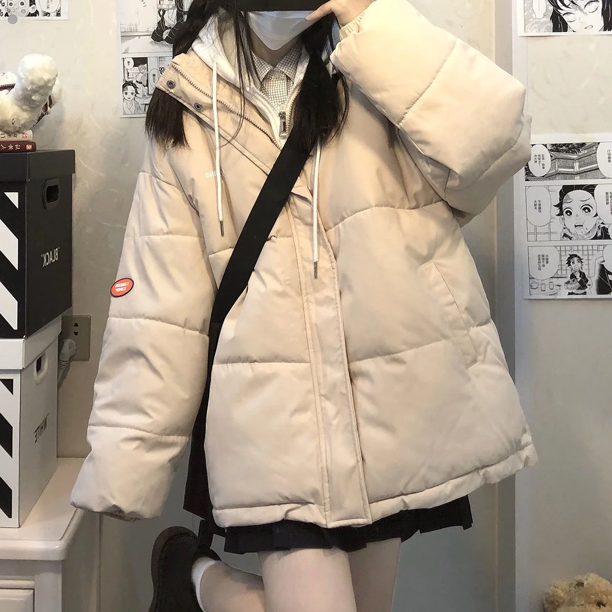 Women's Winter Jacket Neutral Wind Color Fake Two-piece Cotton Padded For Lovers Versatile Hooded Loose Coat College  2021