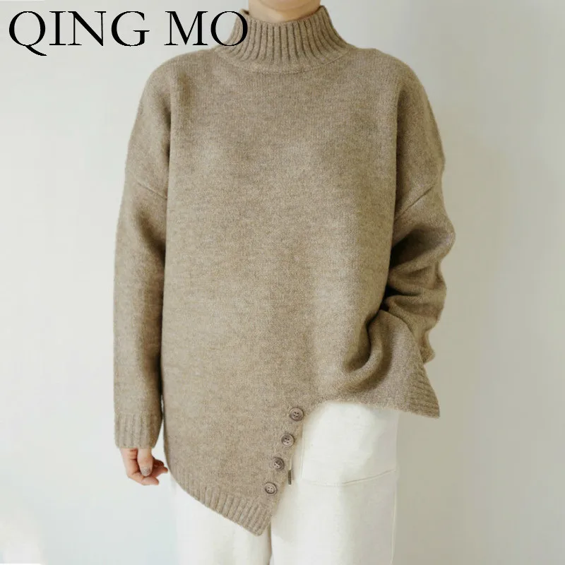 QING MO Women Brown Apricot Solid Sweater Knitting 2019 Winter Stand Neck Full Sleeve Pullovers ZQY1367 | Женская одежда