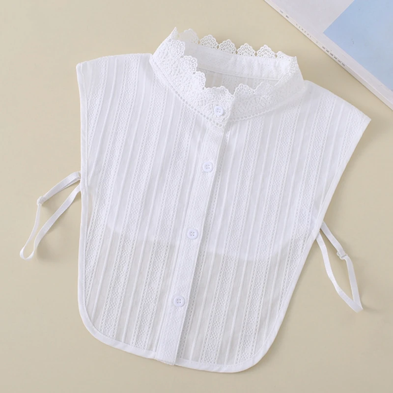 

Women Sweet Jacquard Striped Lace Half Shirt Blouse Button Down Detachable Ruffled False Fake Stand Collar Decorative Sw