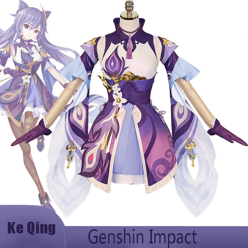 

Rolecos Game Genshin Impact Keqing Anime Cosplay Sexy For Women Uniform Dress Full Set Purple Long Curly Wig Party Costume