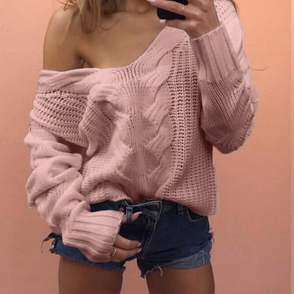 Women Sweaters Lady V-neck Casual Solid Loose Long Sleeve Tops Slim Fit Knitted Pullover Female Autumn Winter Sexy Sweater | Женская