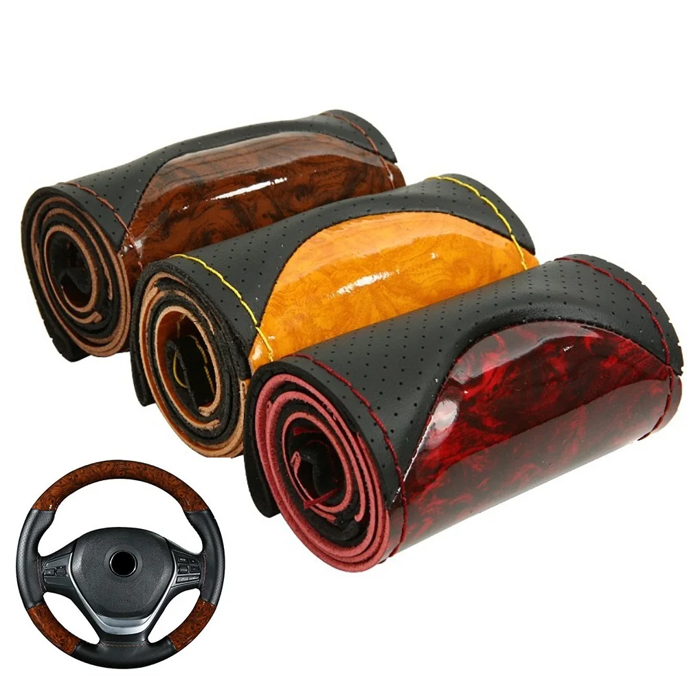 

Universal Mahogany Wood Leather Auto Car Steering Wheel Cover Fit 38cm Wheel car Steer Wheel Covers Car interior decoration