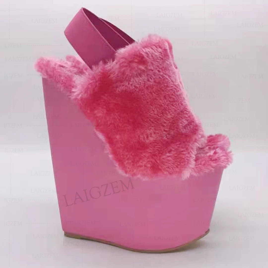 

Туфли SEIIHEM женские на платформе и танкетке, пушистые сандалии с открытым носком и резинкой, без застежки, розовые, желтые, большие размеры 42 45