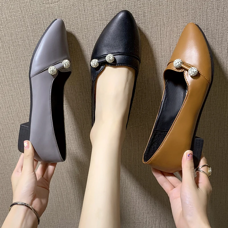 Spring Autumn Women Low Heels Dress Shoes Ol Office Lady Ball Metal Slip on Boat Pointed Toe zapatos mujer 8758N | Обувь