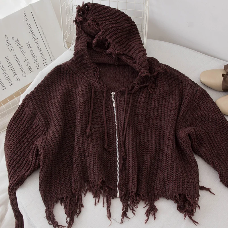 Женский Повседневный вязаный свитер на молнии черный или Бежевый с дырками