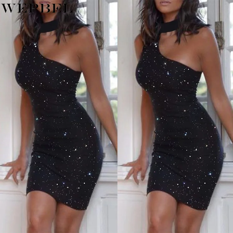 

WEPBEL Dress Women's High Waist Diamond Solid Color Slim Dress Summer Sleeveless Halter One-Shoulder Sheath Backless Dress