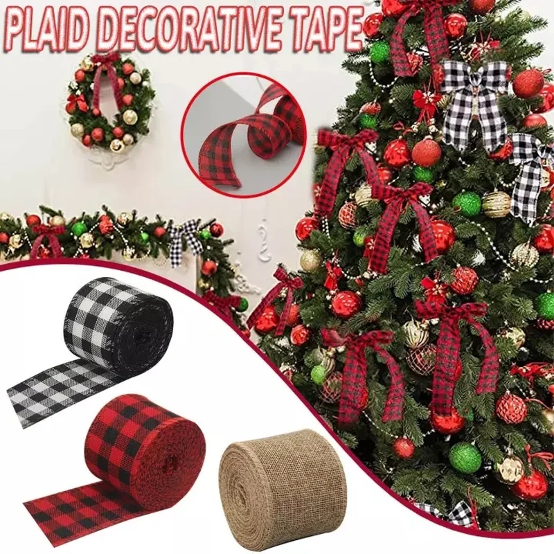 

6m/roll Red and Black Lattice Ribbon Imitation Hemp Ribbon Grosgrain Ribbon Xmas Tree Decoration Bow Christmas Gift Packaging