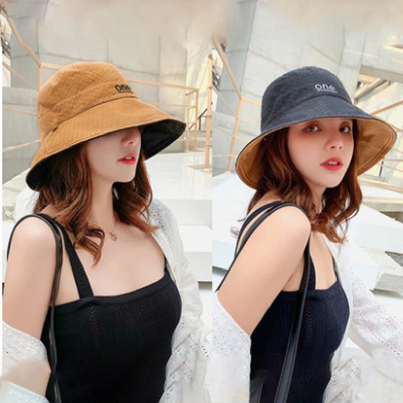 

Double-sided Cotton Letter Embroidery Fisherman Hat For Woman Outdoor Fishing Cap Casual Panama Bucket Sunscreen Sun Cap