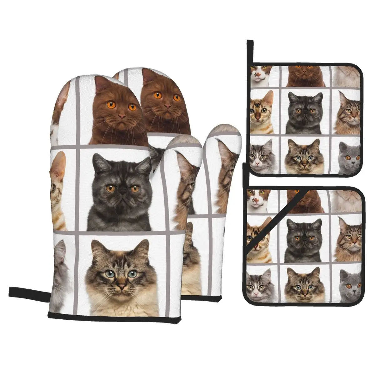 

4pcs Oven Mitts Polyester Baking Insulation Gloves Funny Cat Heads Microwave Heat Resistant Kitchen Gloves Oven Potholder Pad