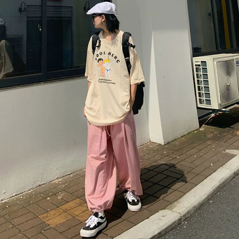 

Pants Women Pink Harem Trousers Loose Elastic Waist Pure Simple Streetwear Casual Womens Plus Size Koeran Style New Fashion Chic