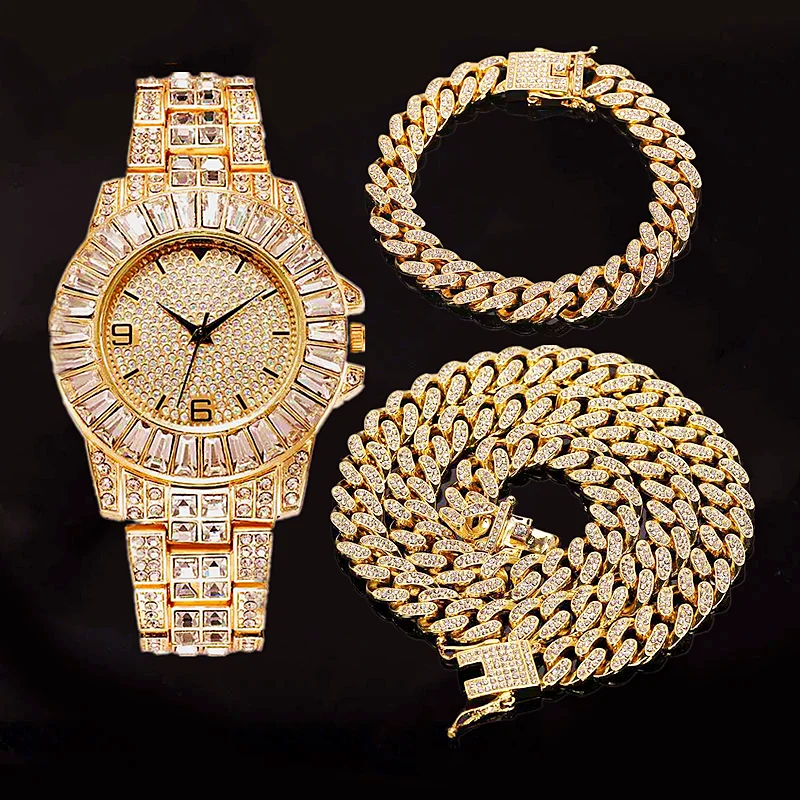

Hip Hop Rapper Iced Out Watch for Men Iced Out Paved Rhinestones Miami Curb Cuban Chain CZ Bling Necklaces for Mens Jewelry Sets