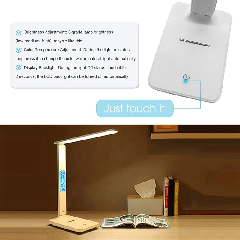 

LED Desk Lamp with Wireless Charging,Press Sensor Dimming Charging Table Light 3-Stage Dimming Dimming Eye-Friendly Alarm Clock