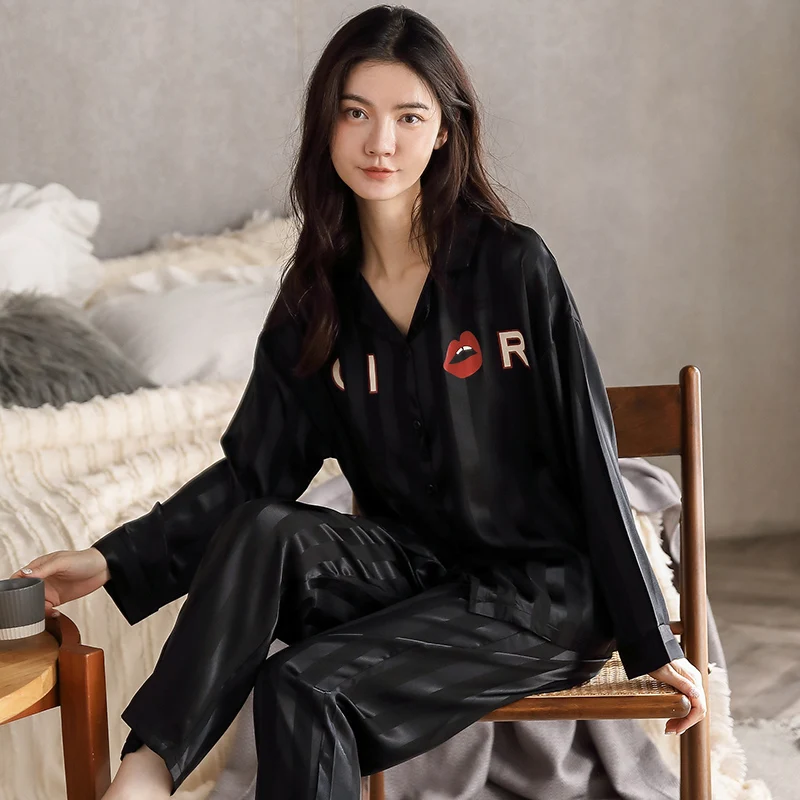 

Women Silk Satin Pajamas Set Long Sleeve Pant Soft Pajamas Button-Down Printing Sleepwear Loungewear Women's Set Pyjamas Mujer
