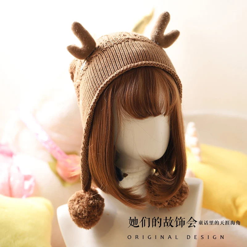 Осенние Зимние очаровательные олень рога Pom вязаная шапка Корейская девушка Мори