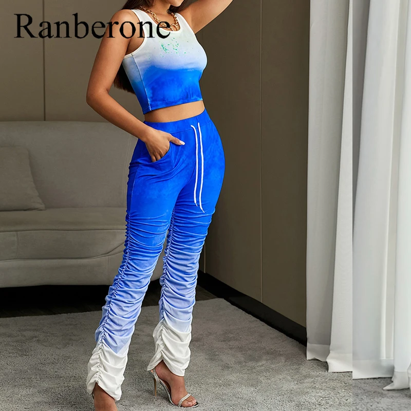 

Сексуальный спортивный костюм Ranberone, Женский комплект для йоги с градиентом, спортивный костюм, спортивная одежда для бега в тренажерном зале, жилет для бега, леггинсы, костюм для фитнеса со складками