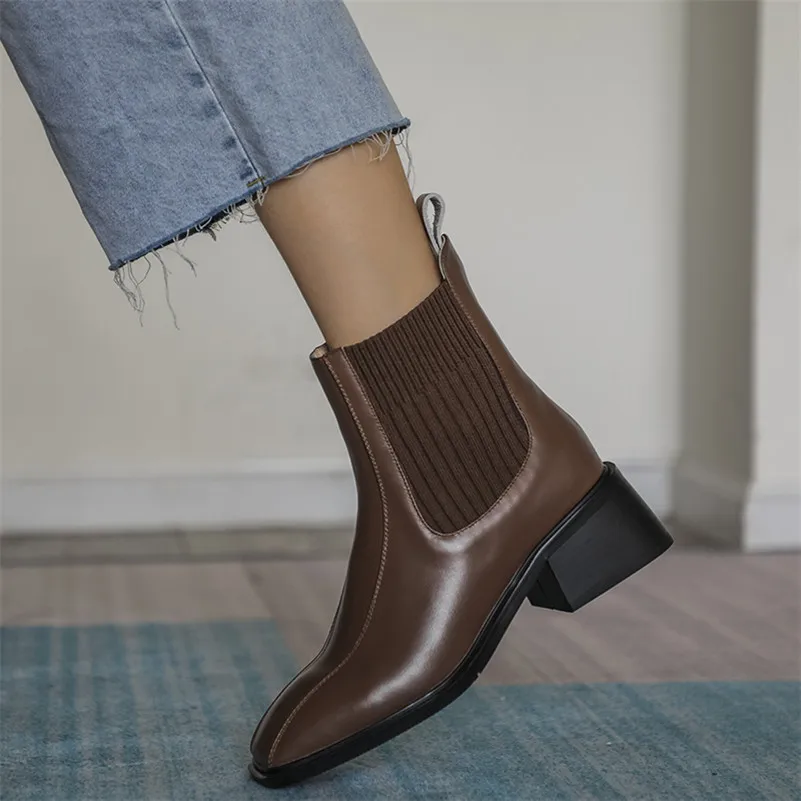 

ANNYMOLI Women Chelsea Boots hoes Real Leather High Heel Short Boots Square Toe Block Heels Slip-On Ankle Boots Autumn Black 40