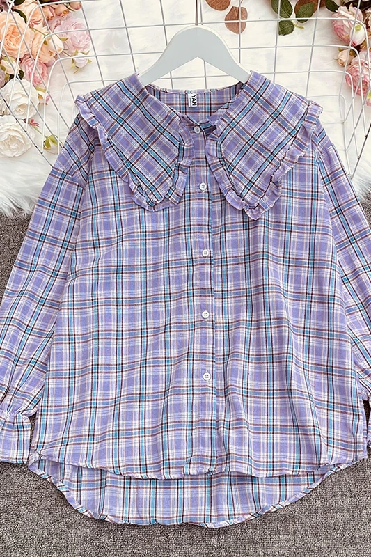 

2021 New Spring Simple All-match doll collar flare sleeve Shirt single breasted loose plaid Shirt top