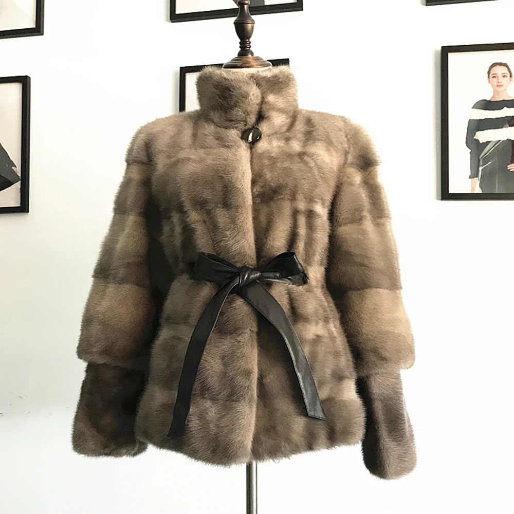 TOPFUR Winter Customized Real Fur Coat Women Natural Mink Fur Coat With Belt Full Sleeves Standard Regular Coat Women Short