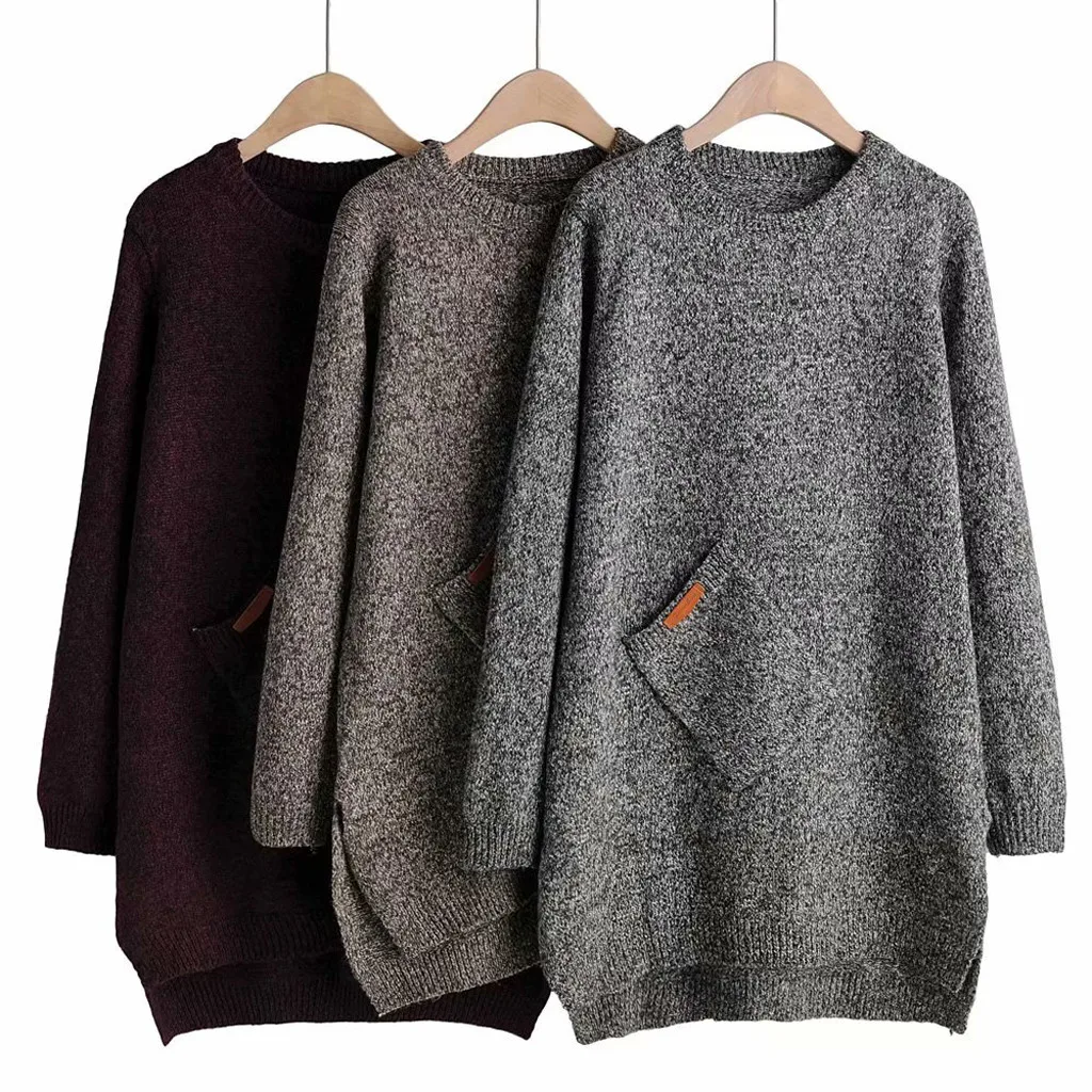 Женский модный однотонный свитер с круглым вырезом длинным рукавом и карманом