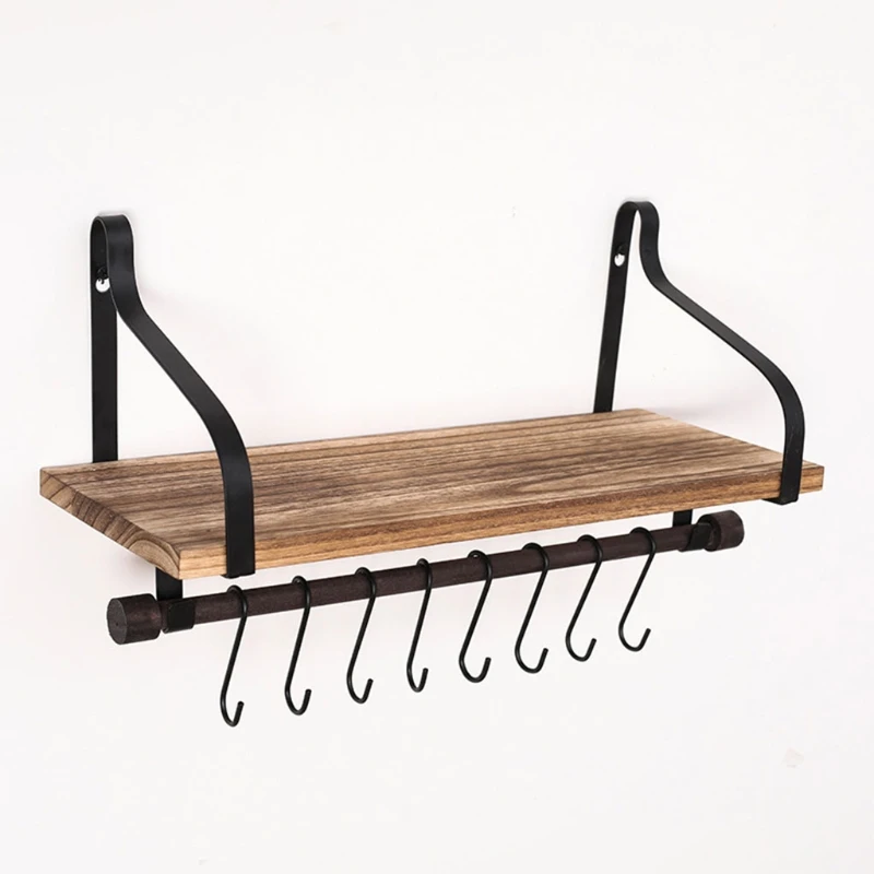 

X37E Wall-Mounted Rustic Wooden Storage Shelf Bathroom And Kitchen Decorative Rack With 8 Removable Hooks And Towel Rail