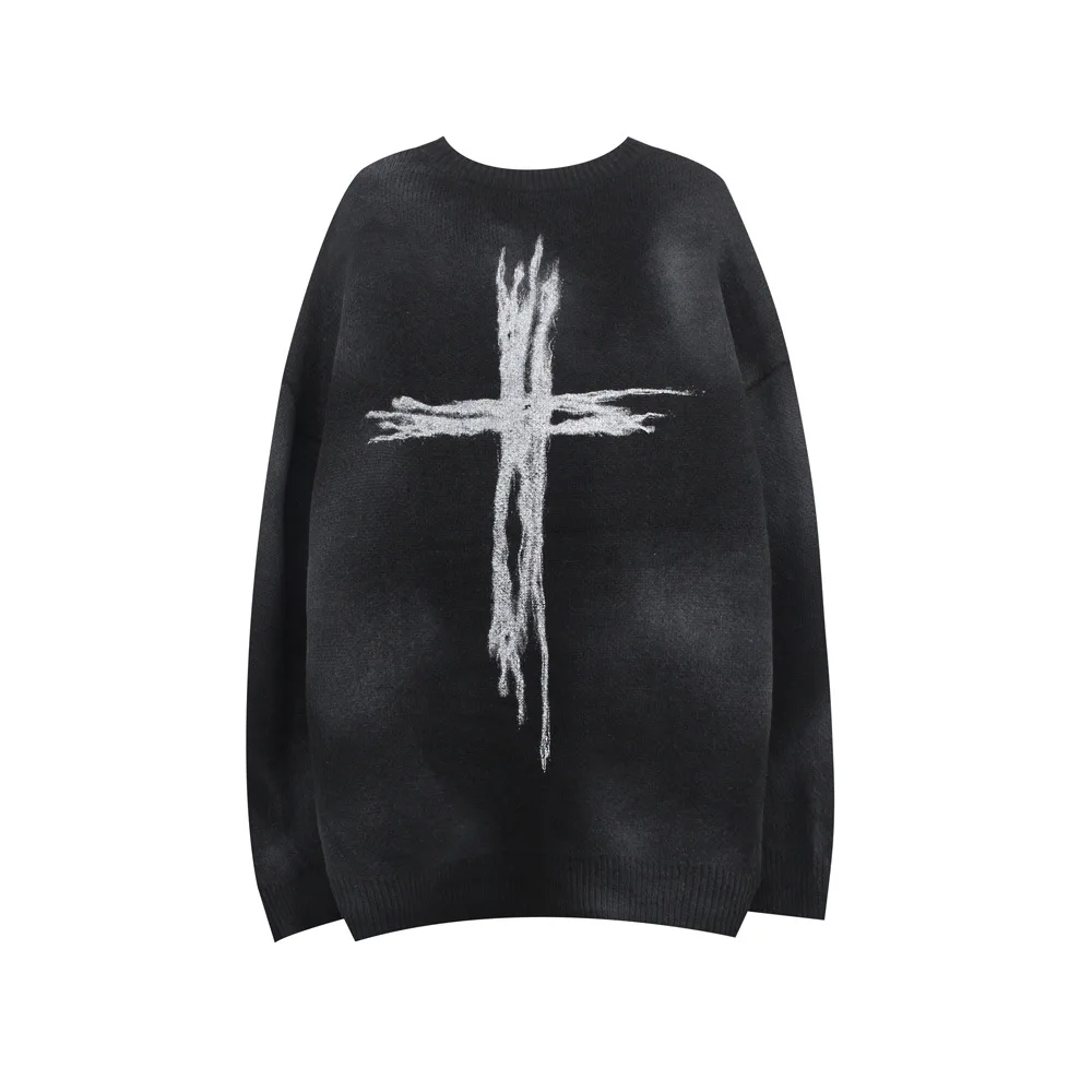 

Men Streetwear Cross Printed Knitted Sweater Hip Hop Mens Loose Sweater Fashion Women Oversized Pullover Tops Sweater