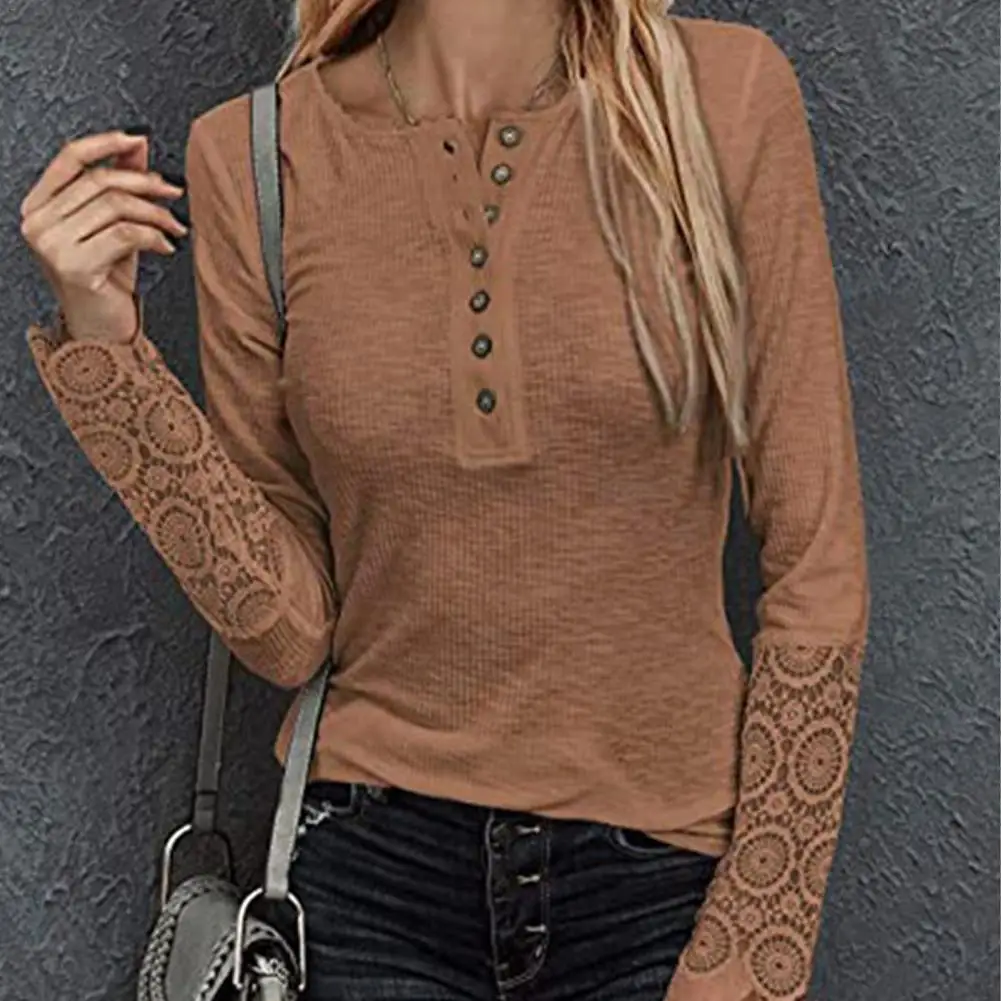 

Lace Splicing Top Long Sleeve T Shirt Woman Button Streetwear Slim T-shirt Autumn Tops Tee Sexy Women Patchwork Sleeve Spri N8y8