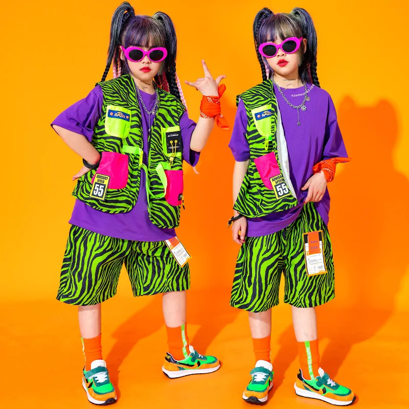 

Boys Hip Hop Green Vest Girls Striped Cargo Shorts Outfits Children Summer Loose T-shirt Street Dance Kids Streetwear Costumes