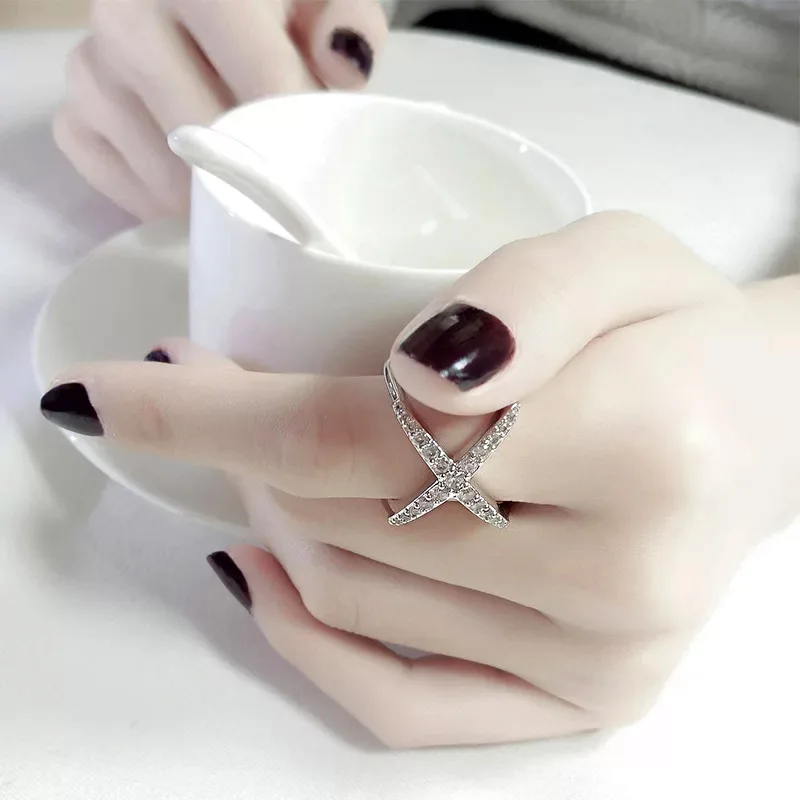 

SINLEERY Trendy Silver Color X Shape Cross Finger Rings with Cubic Zirconia For Women Party Wedding Jewelry JZ006 SSB