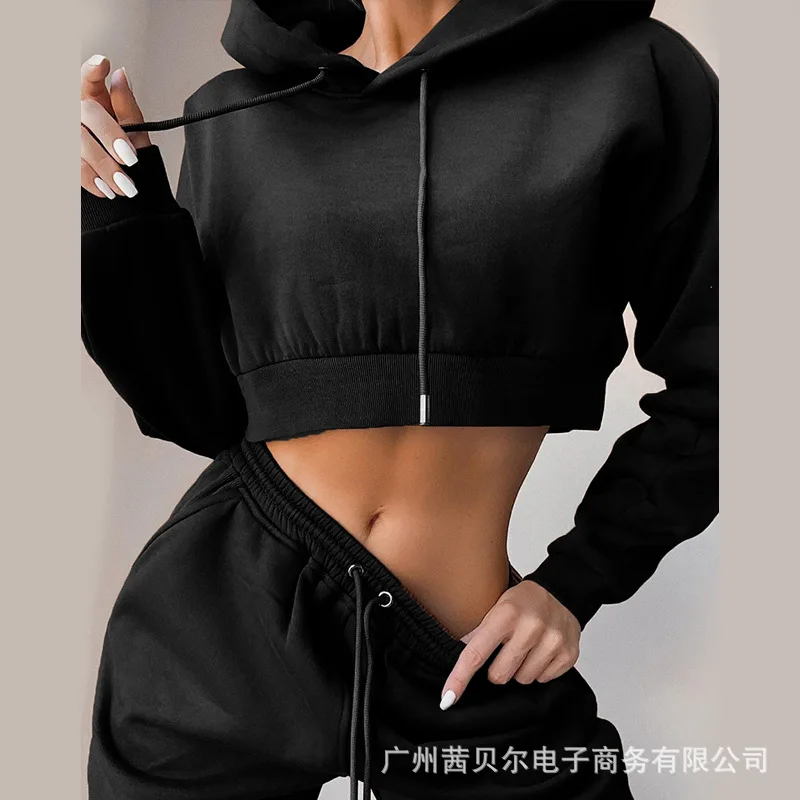 

Женский спортивный костюм Wepbel с карманами, однотонный короткий топ с капюшоном, тонкий темпераментный повседневный костюм на шнуровке для ...