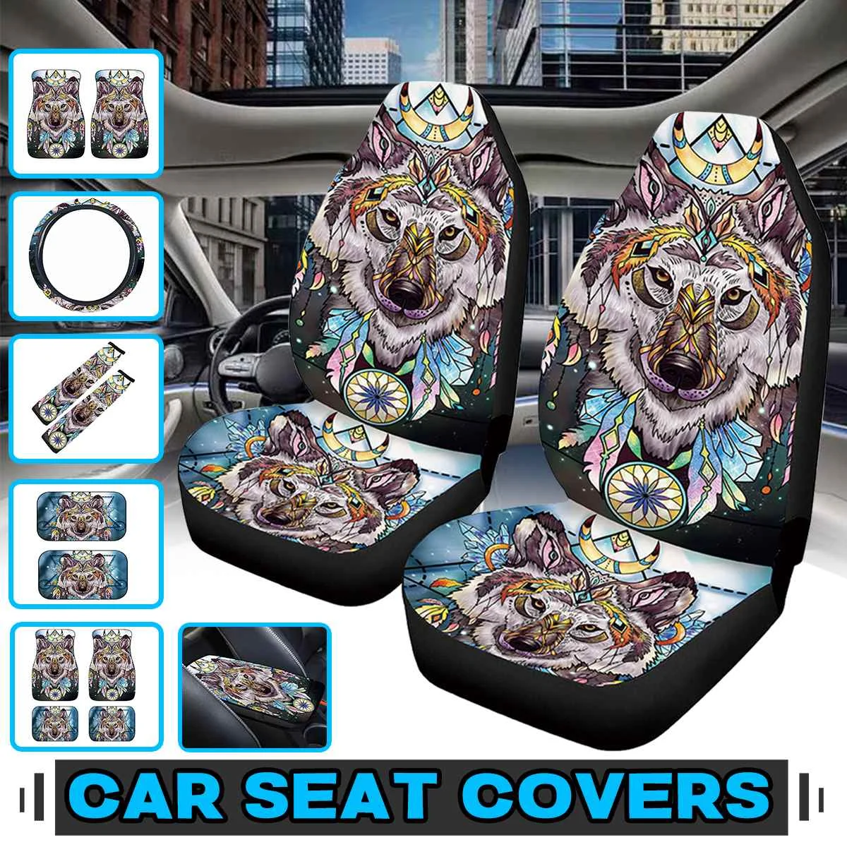 Online Vollen Satz Auto Sitz Abdeckung Protector Kit Universal 3D Tier Druck Fuß Fußmatten Teppich Abdeckungen Auto Innen Zubehör Set