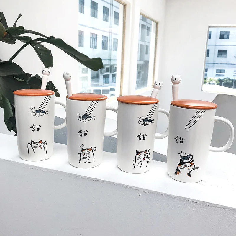 Кофейная кружка керамическая с изображением милого кота крышкой ложкой кружки