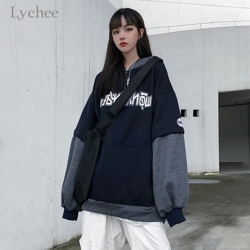 Женская толстовка Lychee в стиле Харадзюку свитшот с капюшоном пэчворк