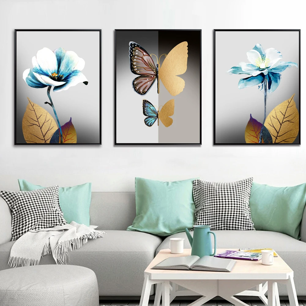 Плакат в скандинавском стиле с изображением растений и золотых