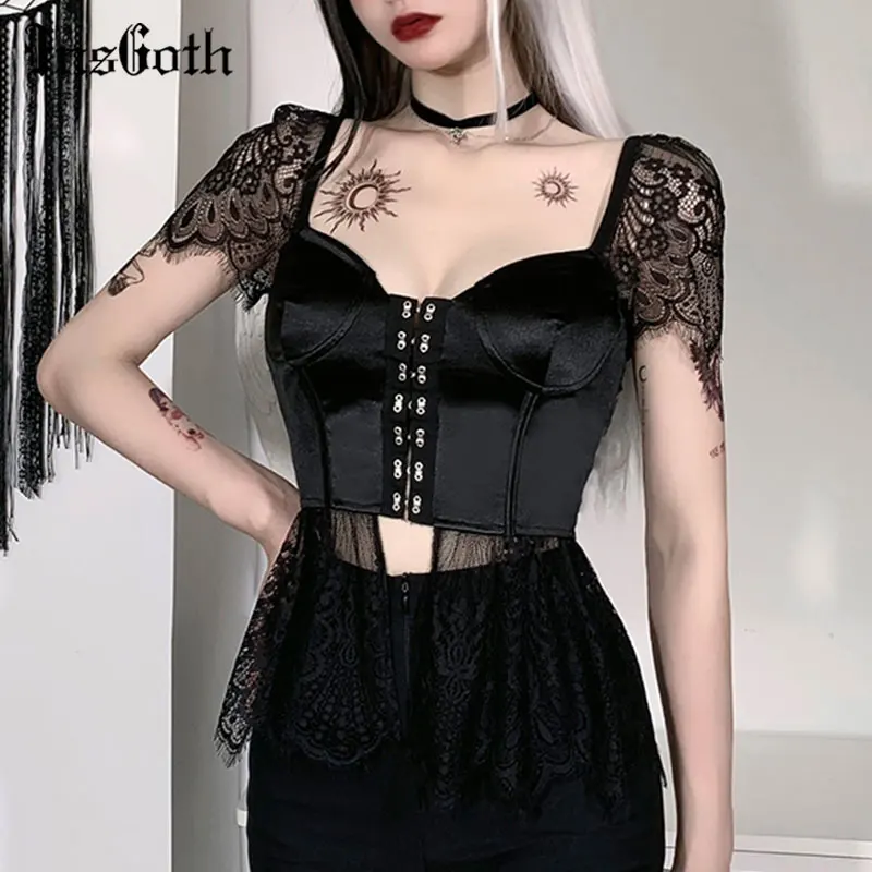 

InsGoth Vintage Lace Black T Shirt Dark Gothic Sexy Corset Tops Aesthetic Cut Out Short Sleeve Backless Women Summer T-shirts