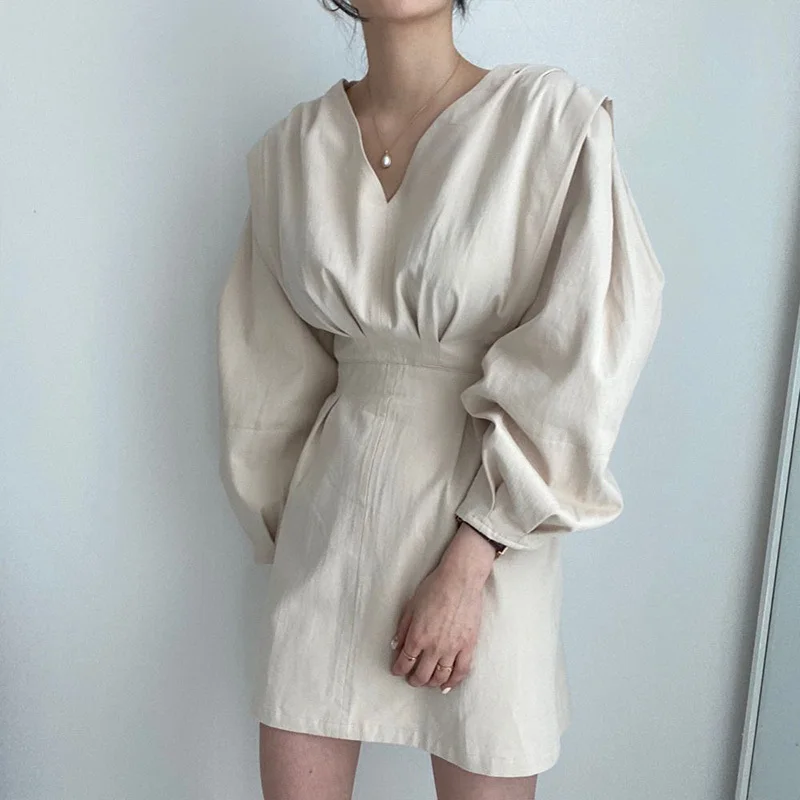 

Women Beige Mini Dress New V-neck Wrist Lantern Sleeve Loose Fit Fashion Temperament Tide Spring Autumn 2021 C849